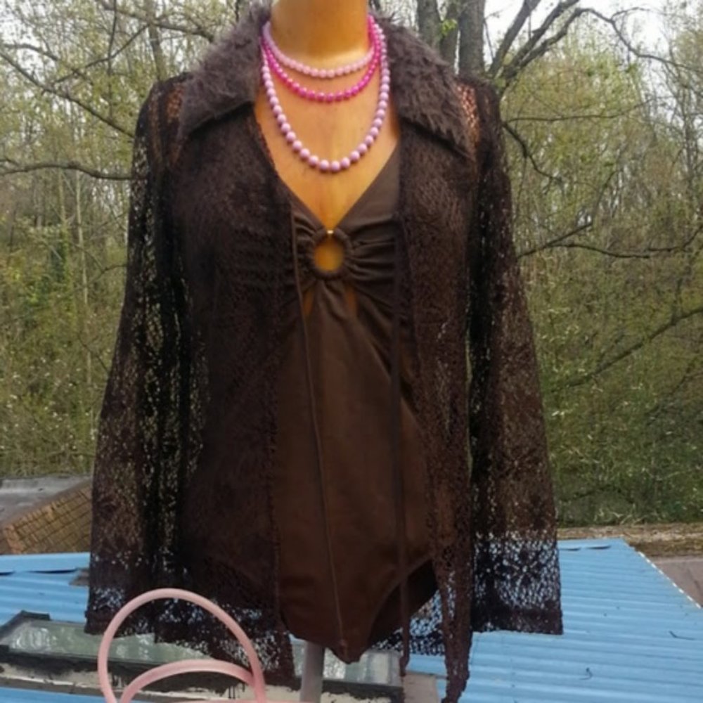 Vintage brown net tie-front faux fur collar coverup NWT - Picture 7 of 7